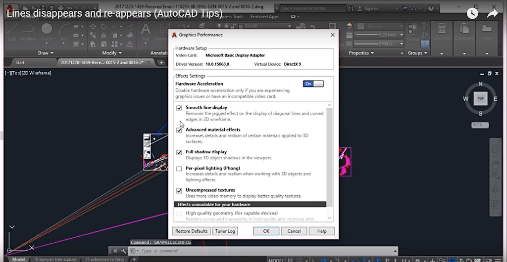 Uncheck the "Smooth Line Display" Option to stop random lines during zoom in and zoom out in AutoCAD.